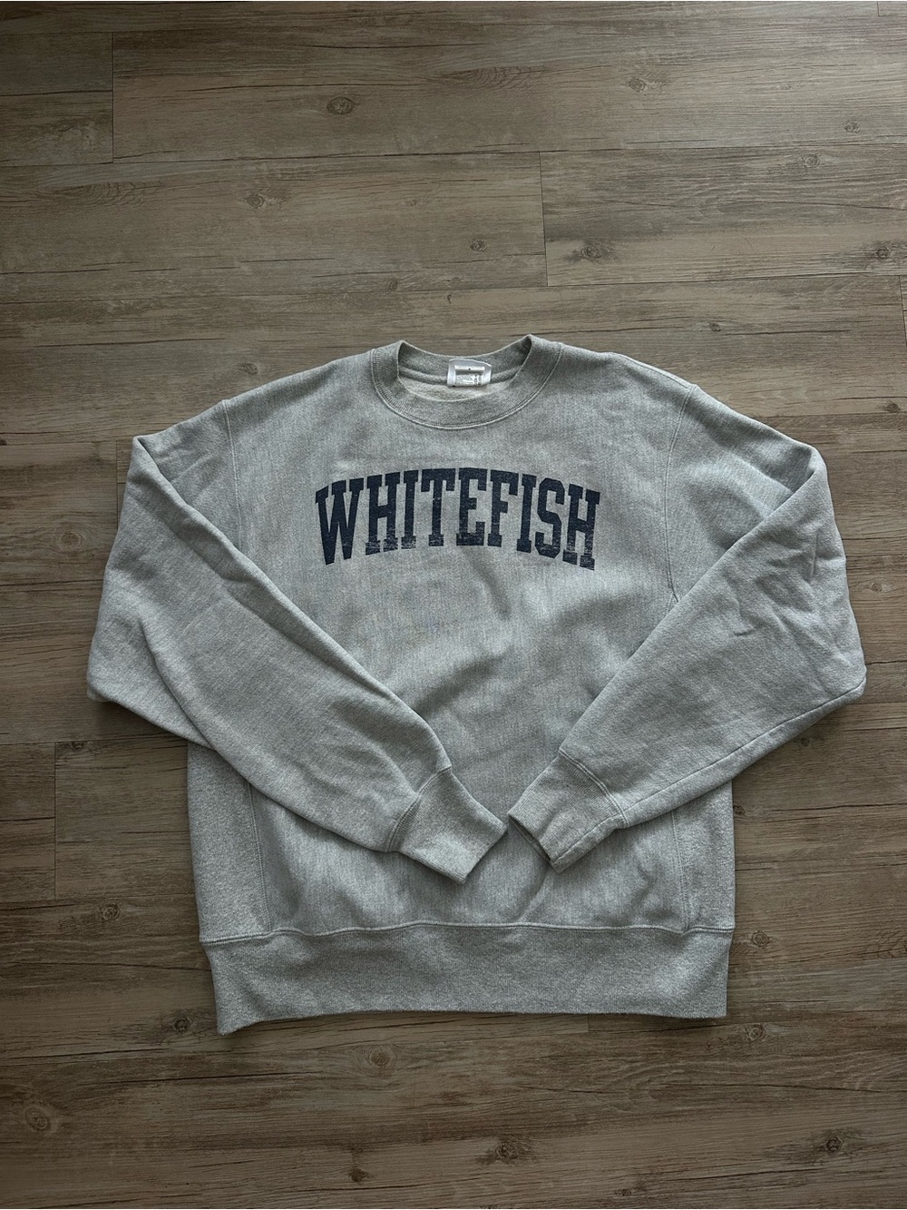 Champion Gray Crewneck Sweatshirt with Navy "WHITEFISH" Logo